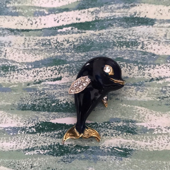Adorable Dolphin Brooch / Pin; Blue Enamel & Pave Crystals; Gold Tone; Vintage - Picture 2 of 11